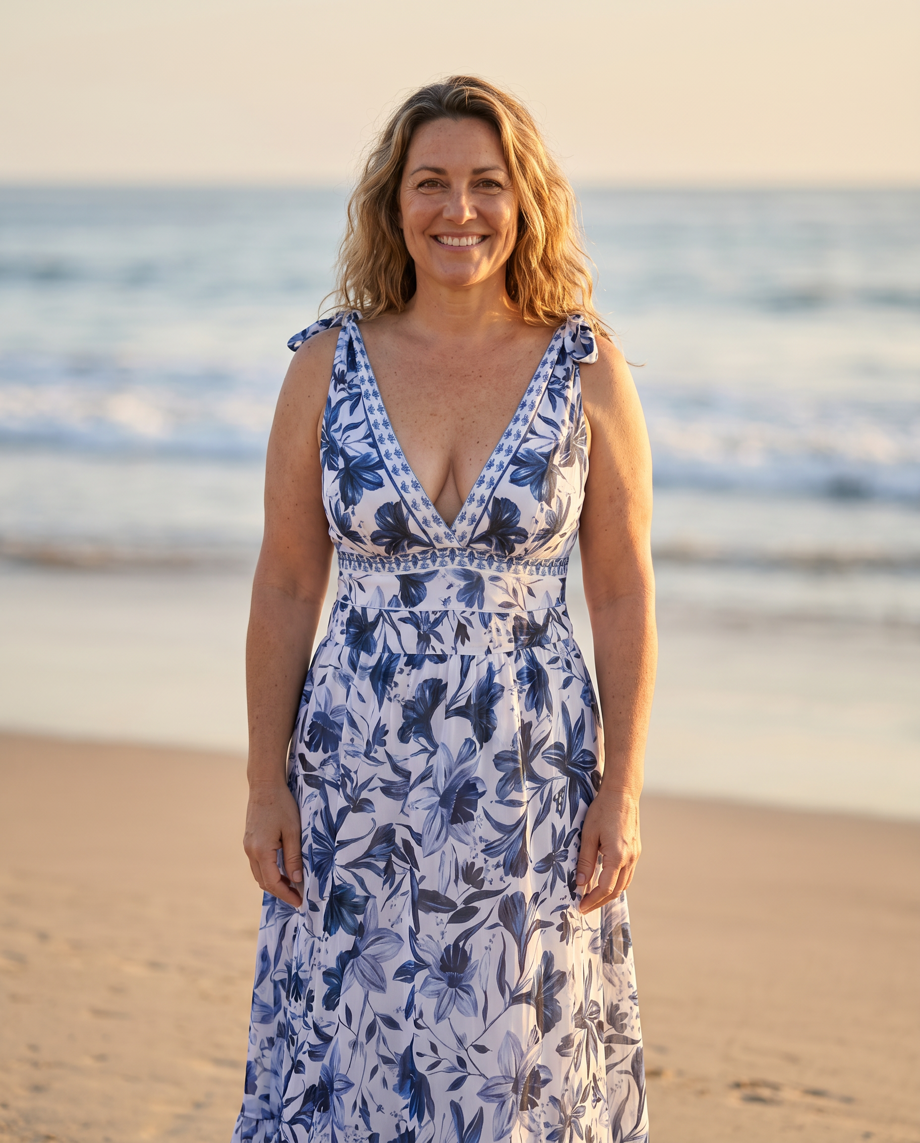 Blue and white porcelain tummy control swim dress set, front view