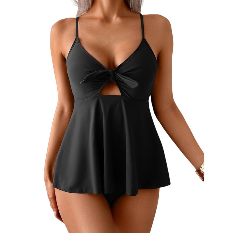 Flowy tummy control tankini set shown on model