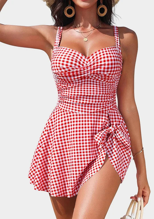 Gingham tummy control swim dress shown on model