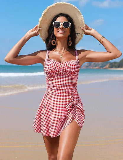 Gingham swim dress with wrap-style skirt, on model