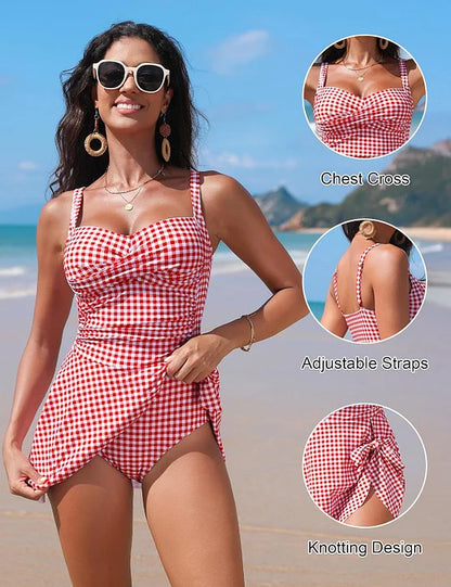Solid black tummy control swim dress on model