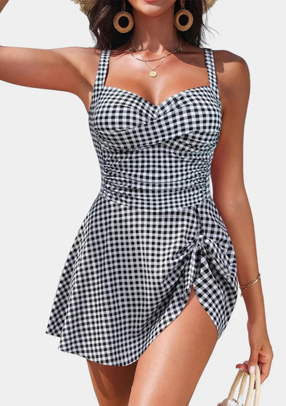 Modest swim dress with built-in briefs, beach lifestyle
