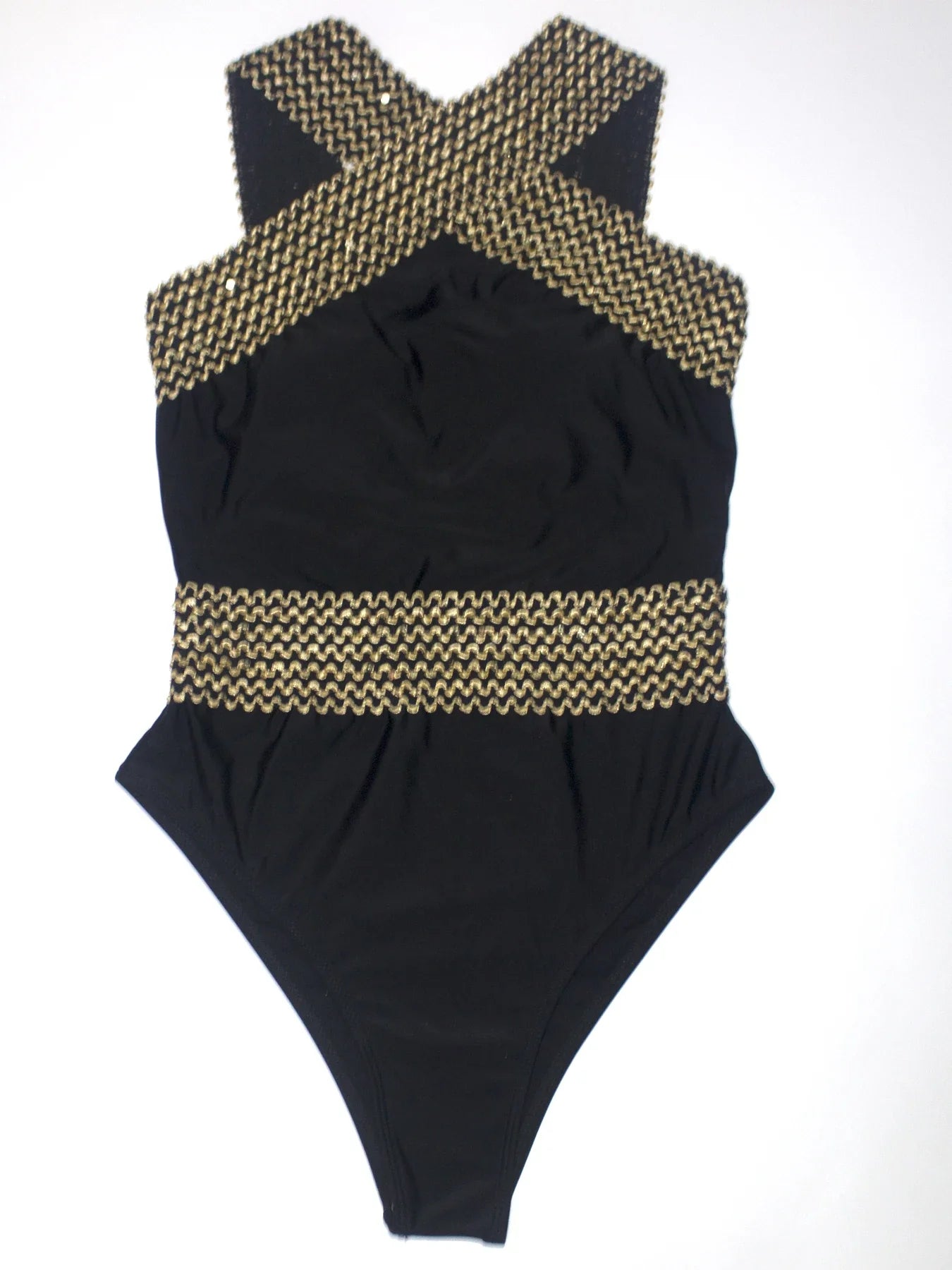 Close-up of the gold-trim crossover neckline