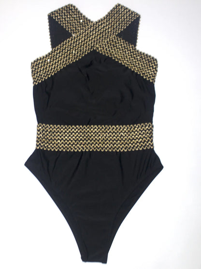 Close-up of the gold-trim crossover neckline
