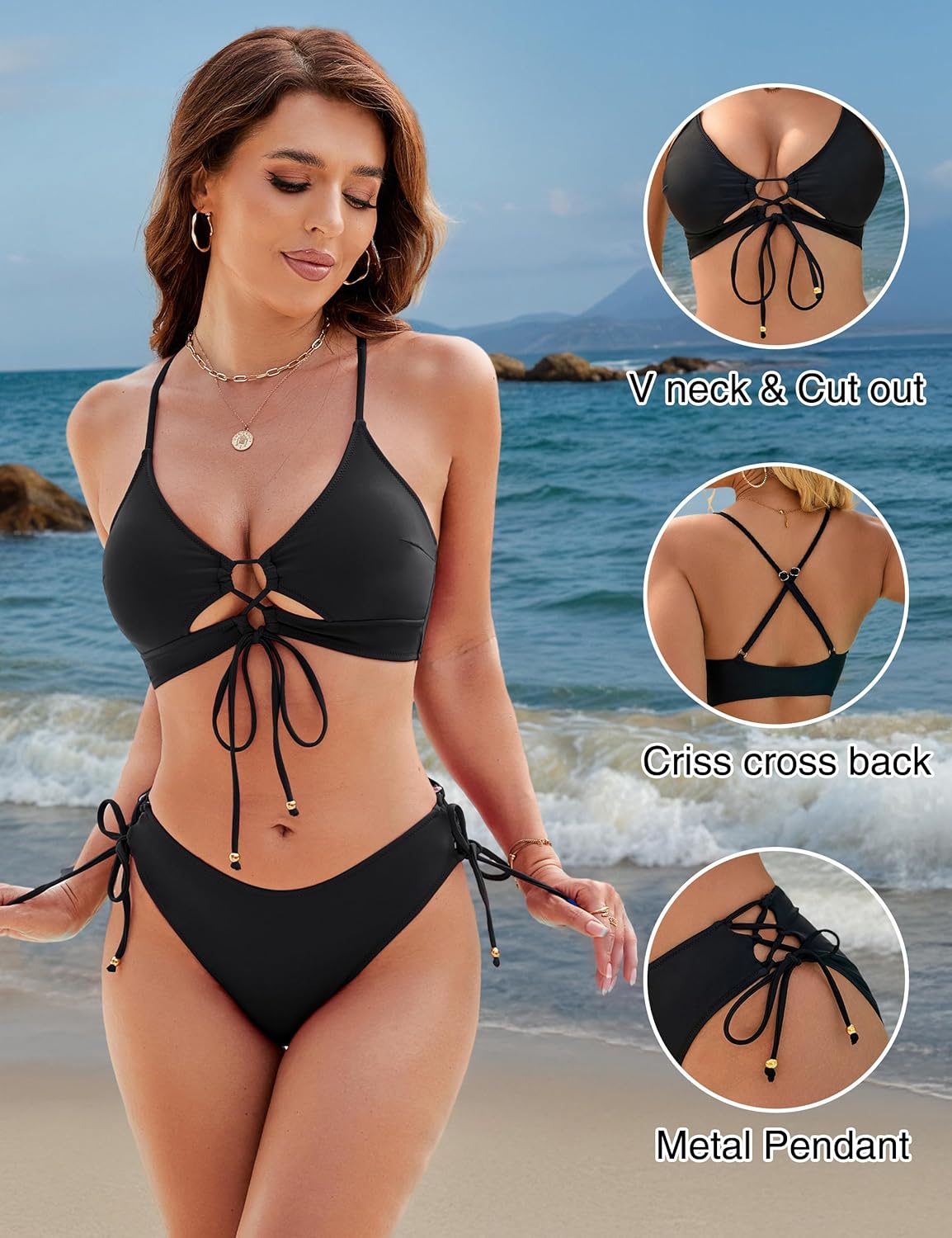 High-waist cutout string bikini set in red