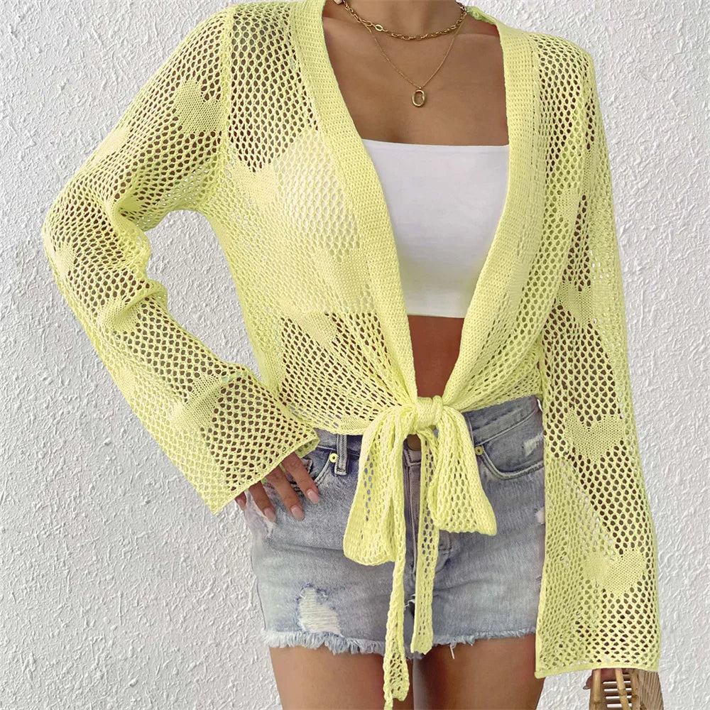 Beach cover-up top shown on model