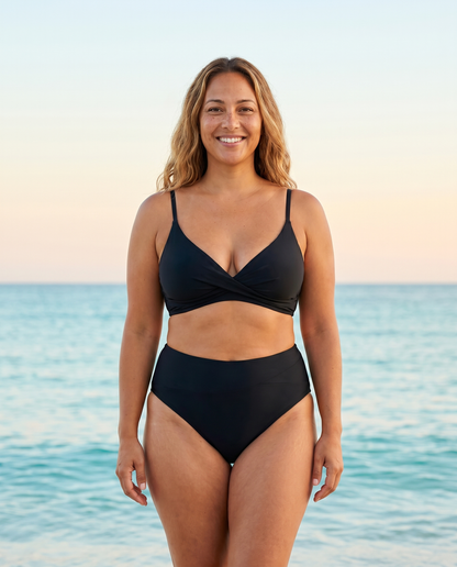 Black high-waisted bikini set, front view