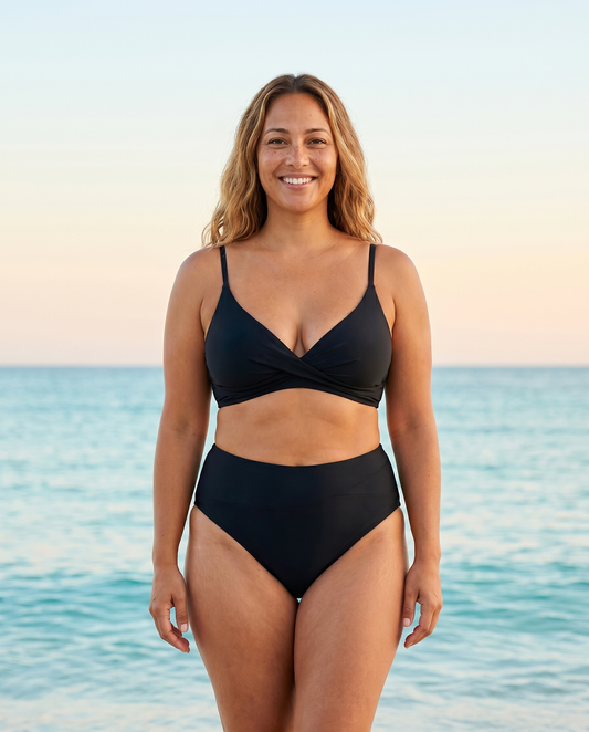 Black high-waisted bikini set, front view