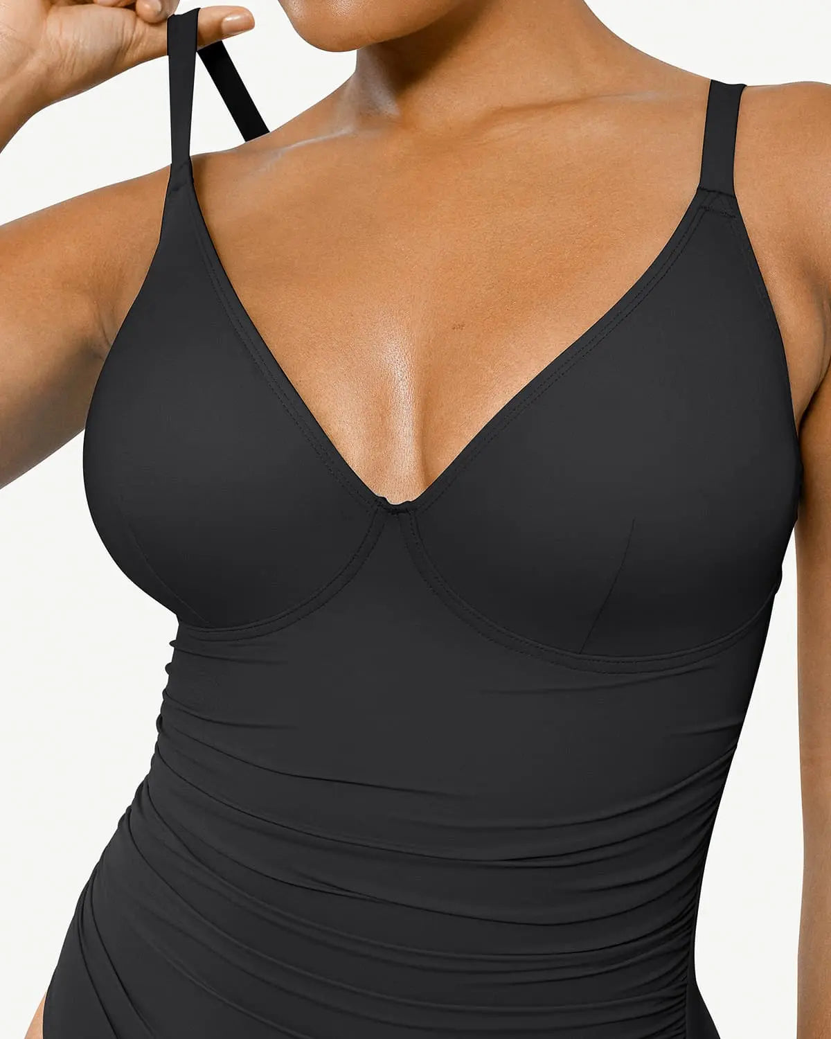 Ruched tummy control swimsuit full-length on model