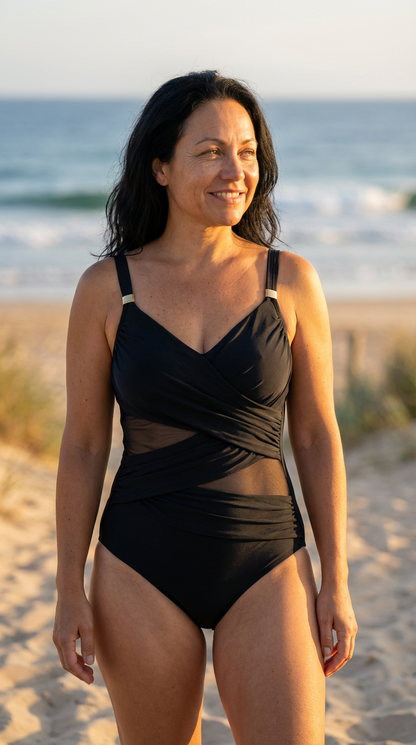 Black ruched one-piece swimsuit, front view