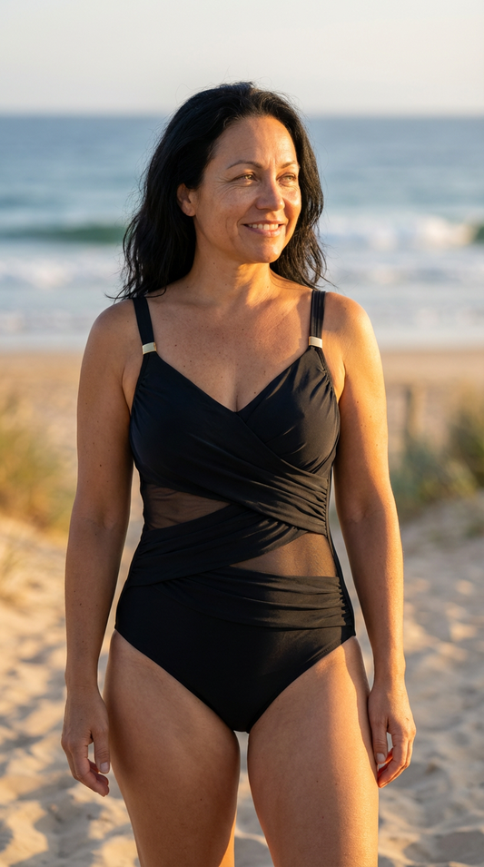 Black ruched one-piece swimsuit, front view