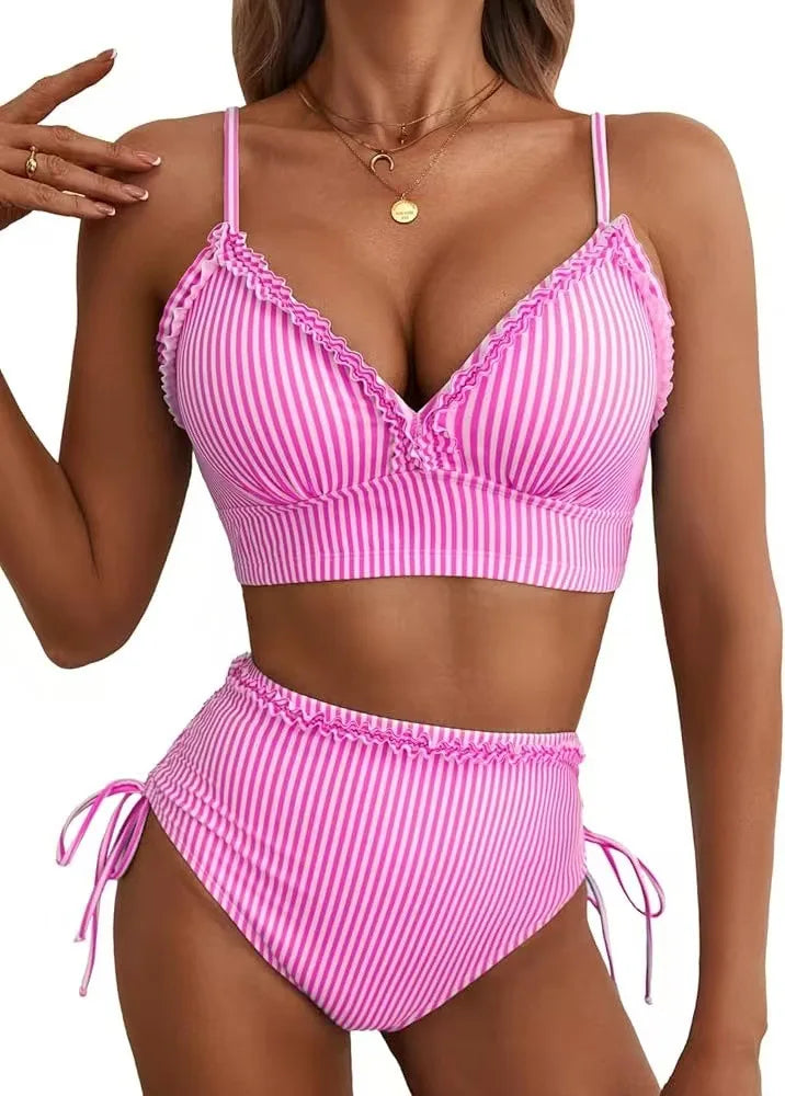 Ruffle-trim high-rise bikini set shown on model