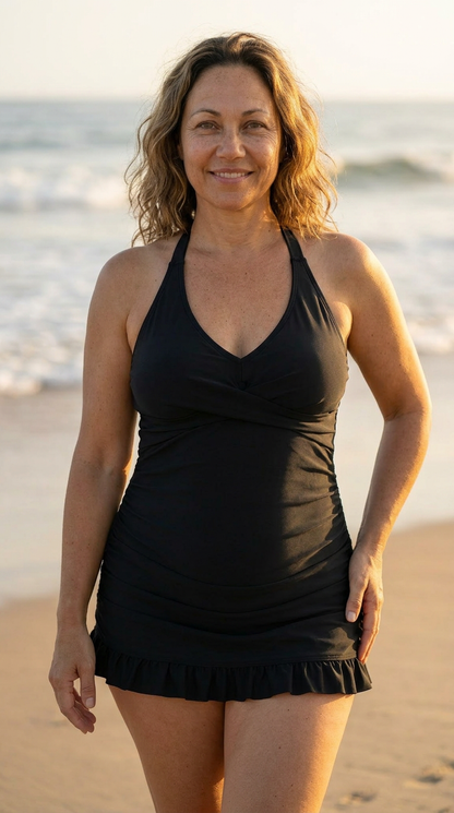 Black tummy control swim dress tankini set, front view