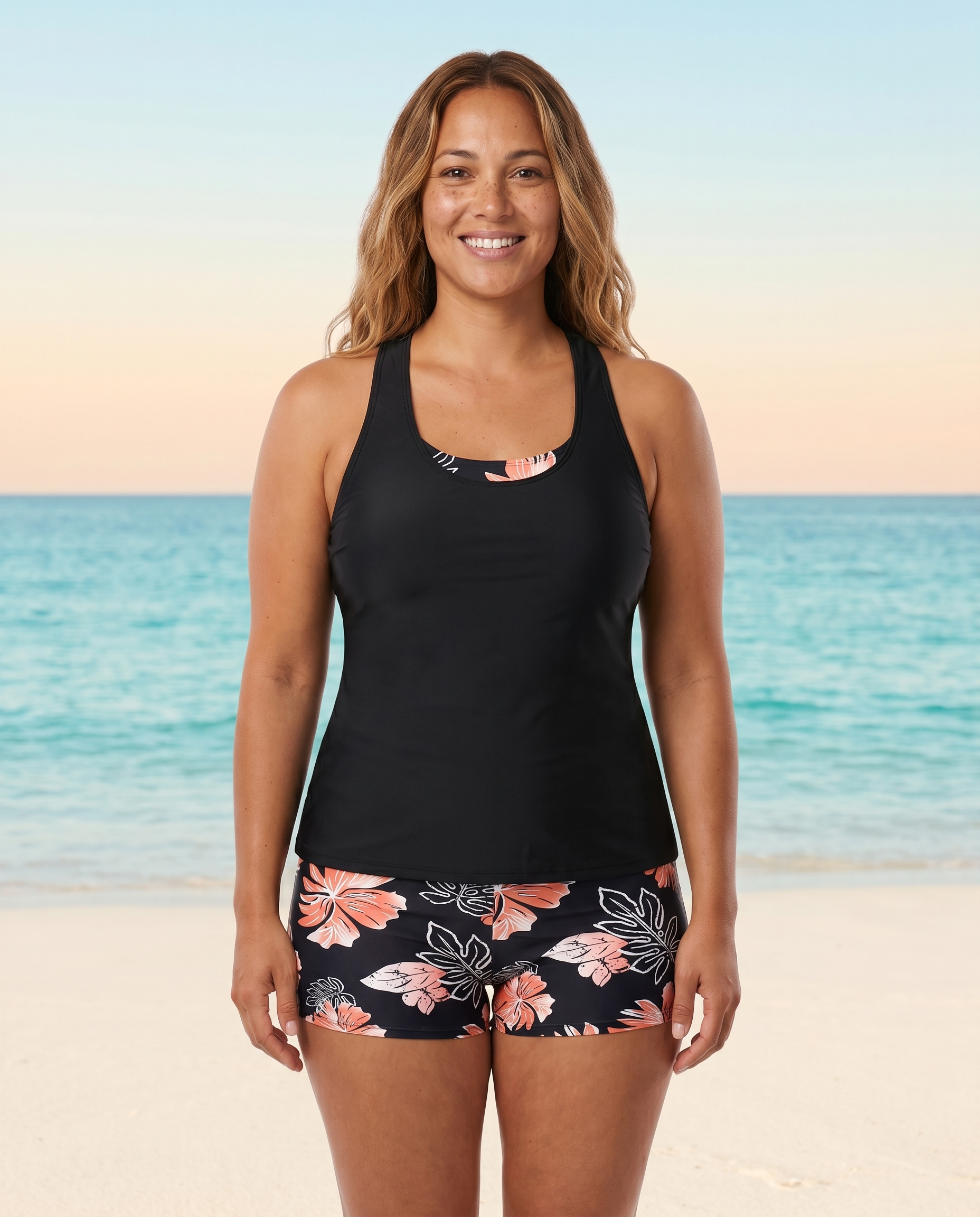 Purple 3-piece beach tankini set, front view