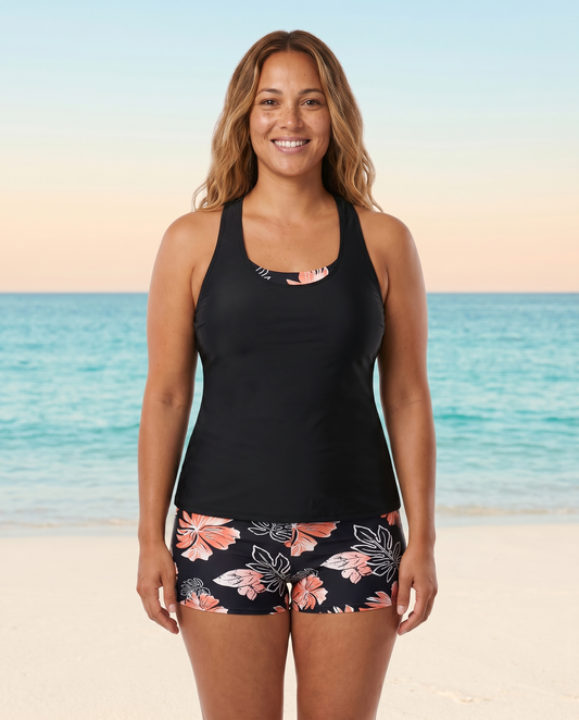 Purple 3-piece beach tankini set, front view