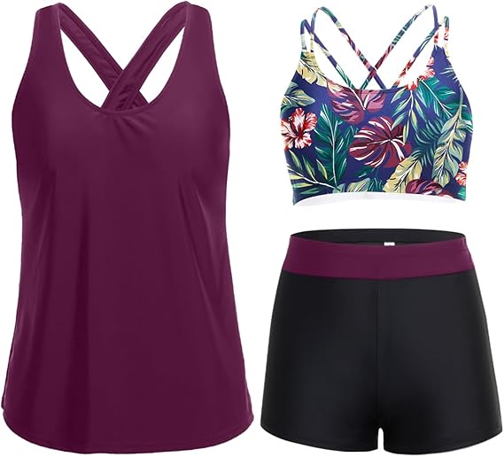 3-piece tankini set in Blue Leaf print