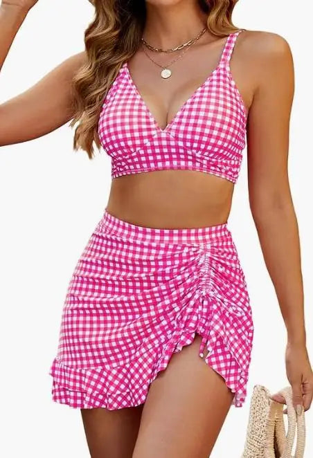 Skirt bikini set in Pink Plaid