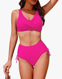 Ruched high-waisted bikini set in white