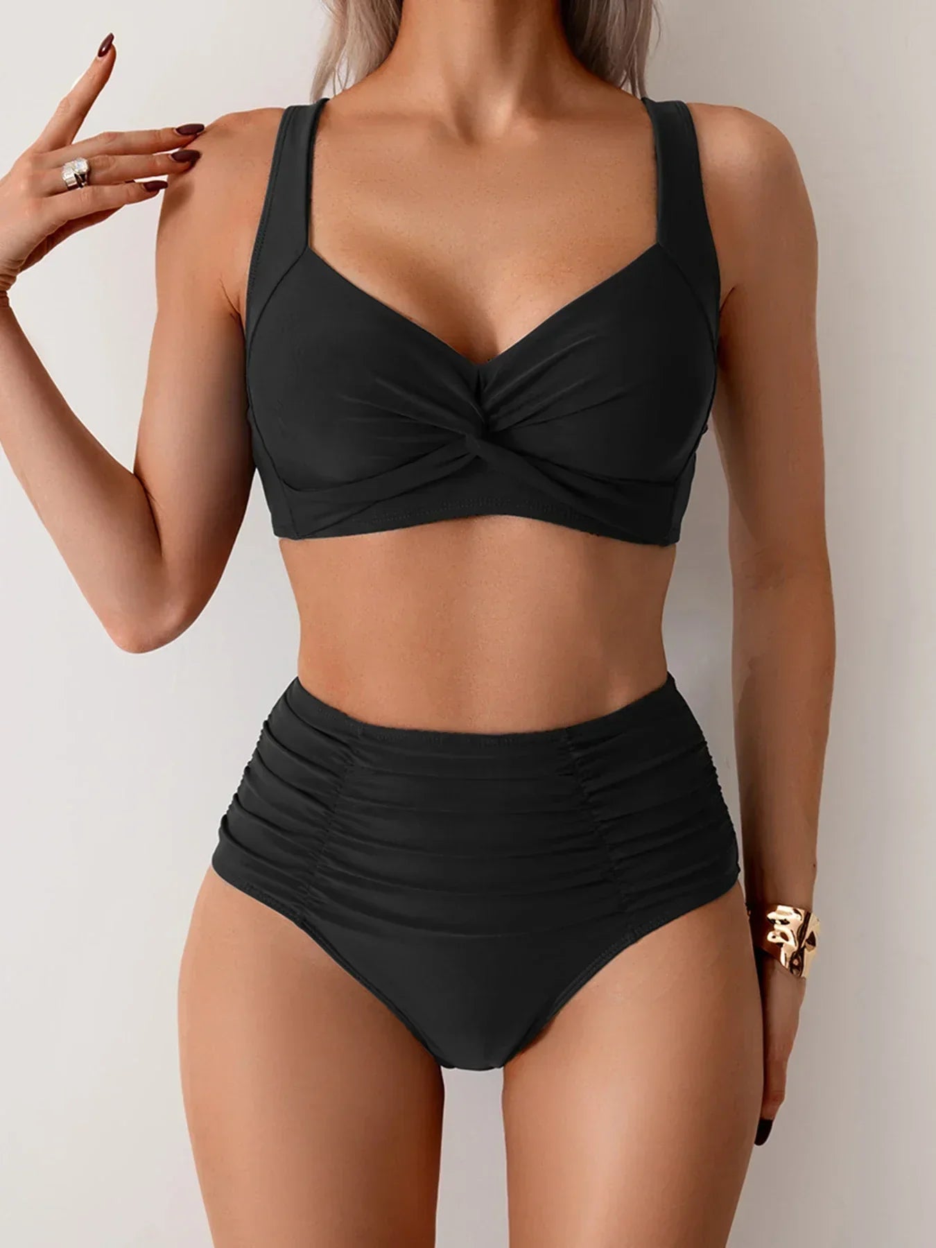 Ruched high-waisted bikini set detail view