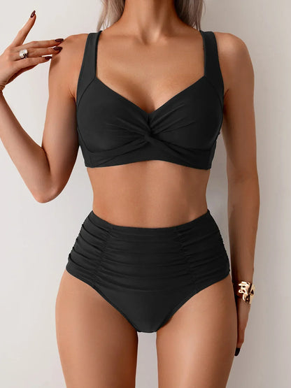 Ruched high-waisted bikini set detail view