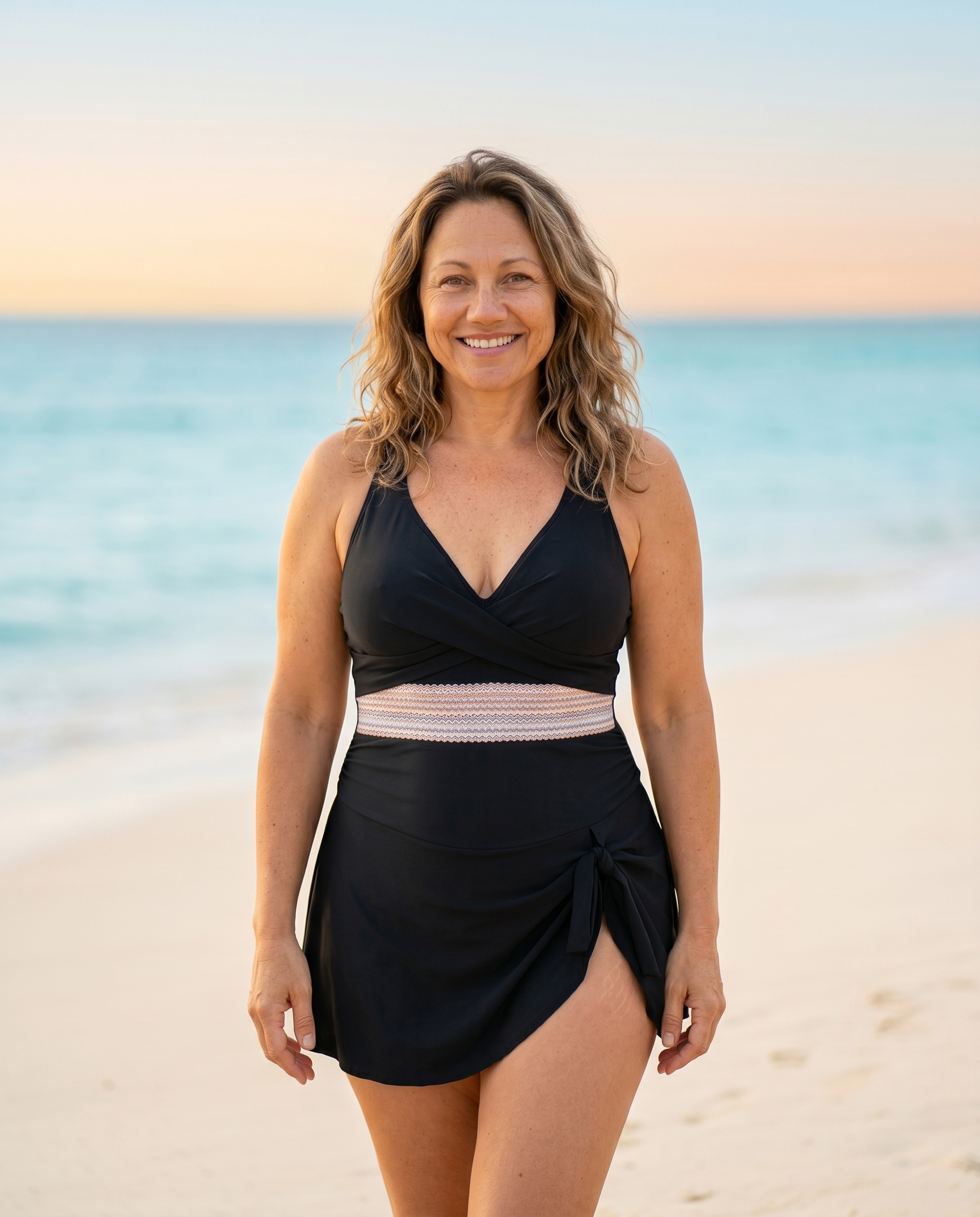 Black tummy control swim dress, front view