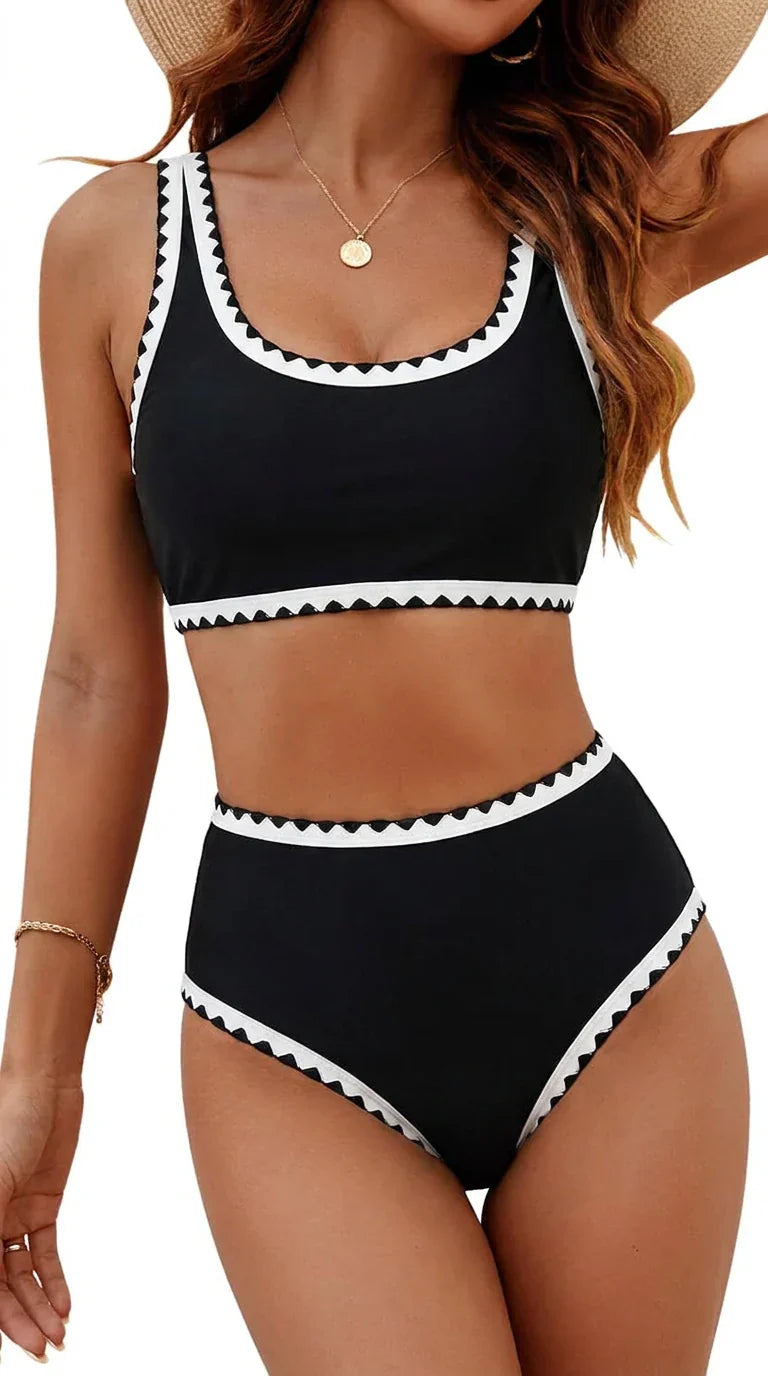 Black high-waisted whipstitch bikini set, front view