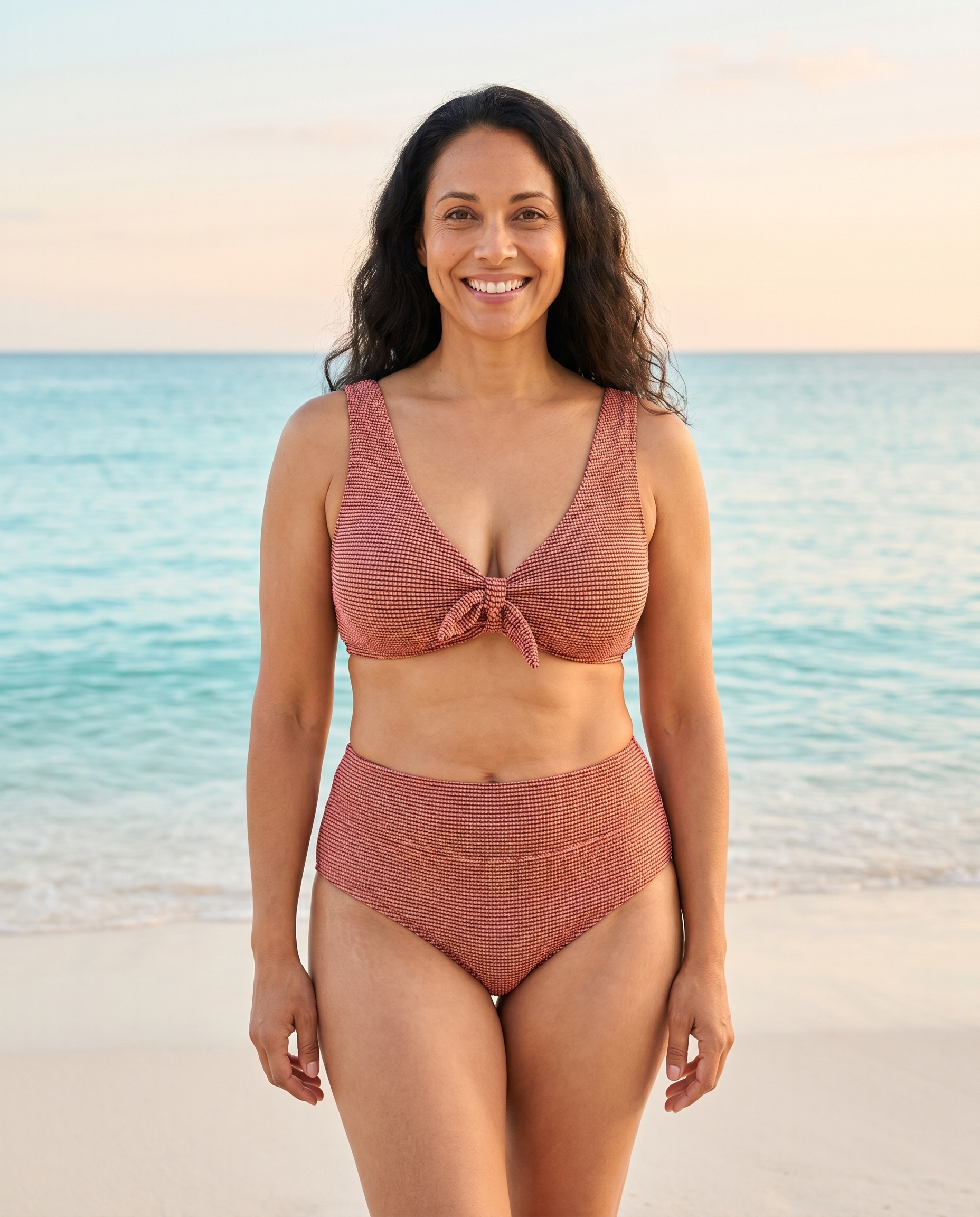 Peach high-waist bikini set, front view