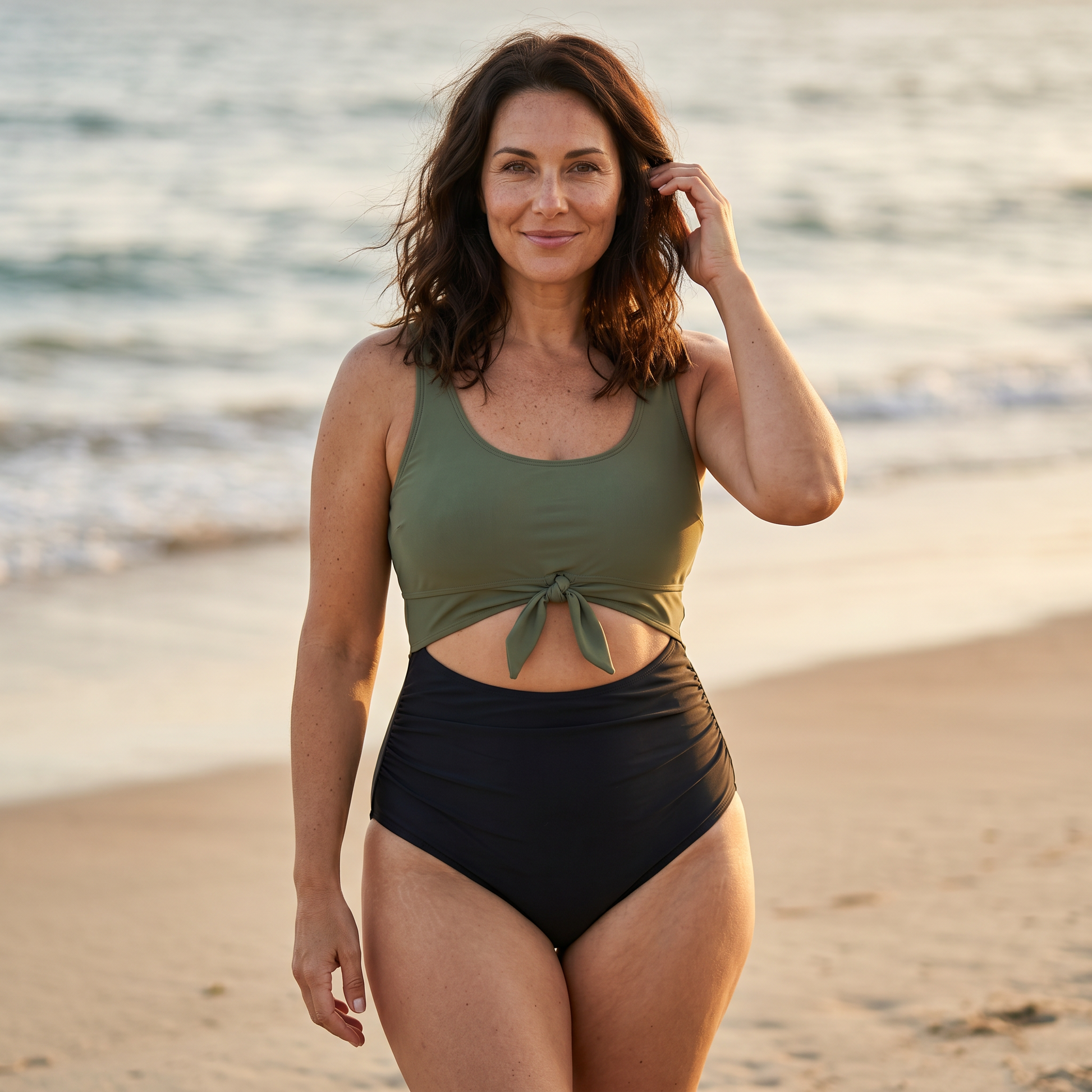 Black tie-front tummy-control one-piece swimsuit, front view