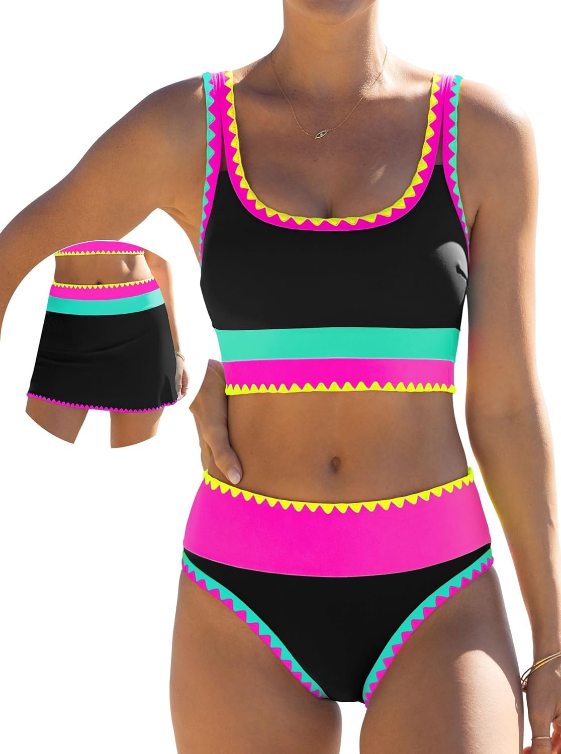 Black high-waisted tummy control 3-piece bikini set, front view
