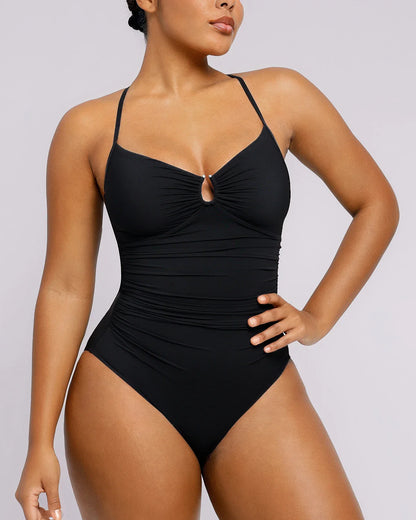 Black u-ring cutout tummy control swimsuit, front view