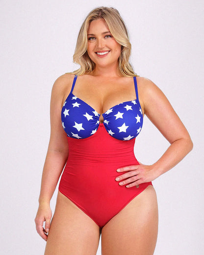 U-ring tummy control swimsuit full-length on model