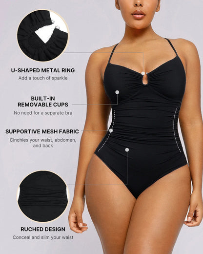 U-ring cutout shaping swimsuit shown on model
