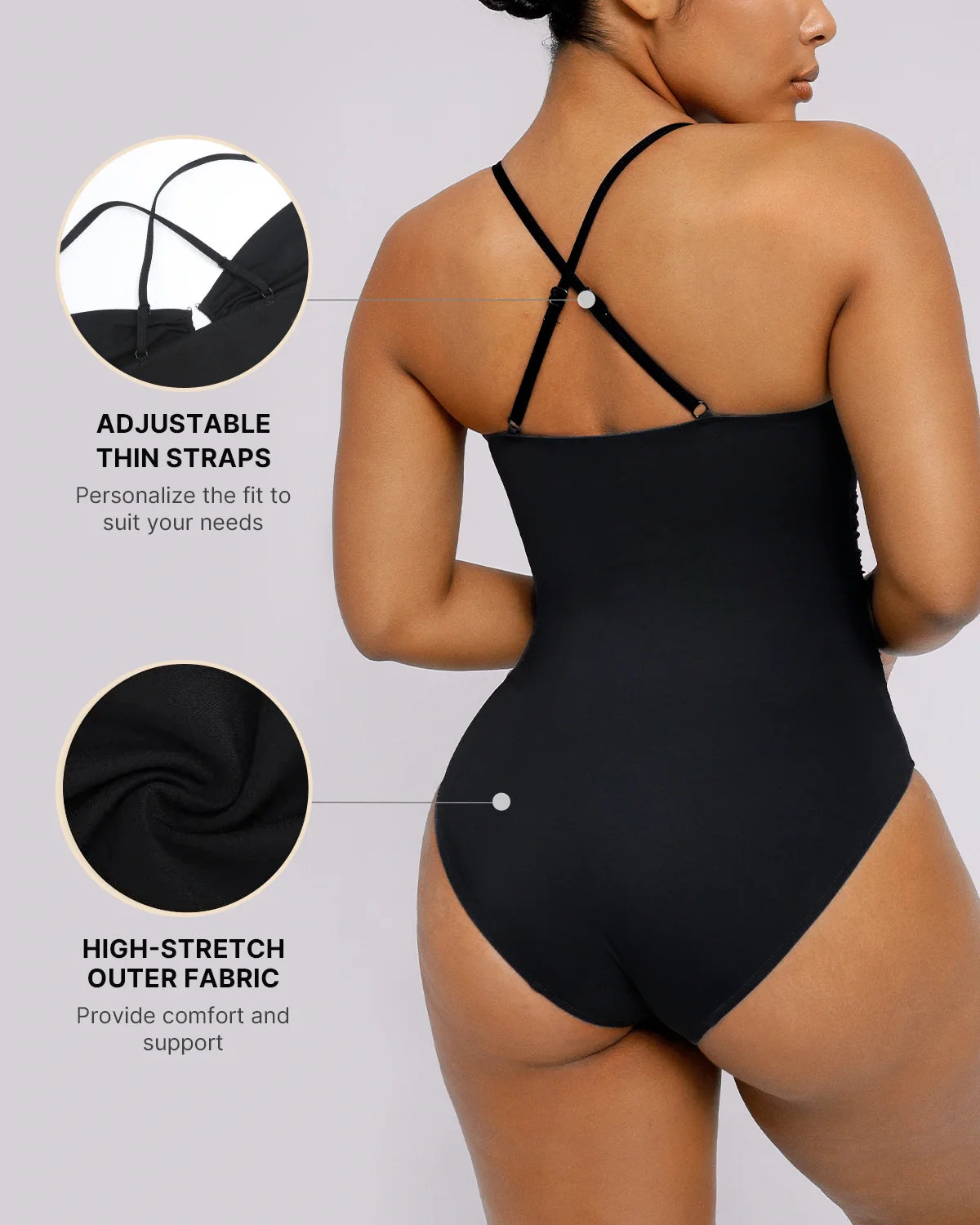 U-ring cutout shaping swimsuit detail view