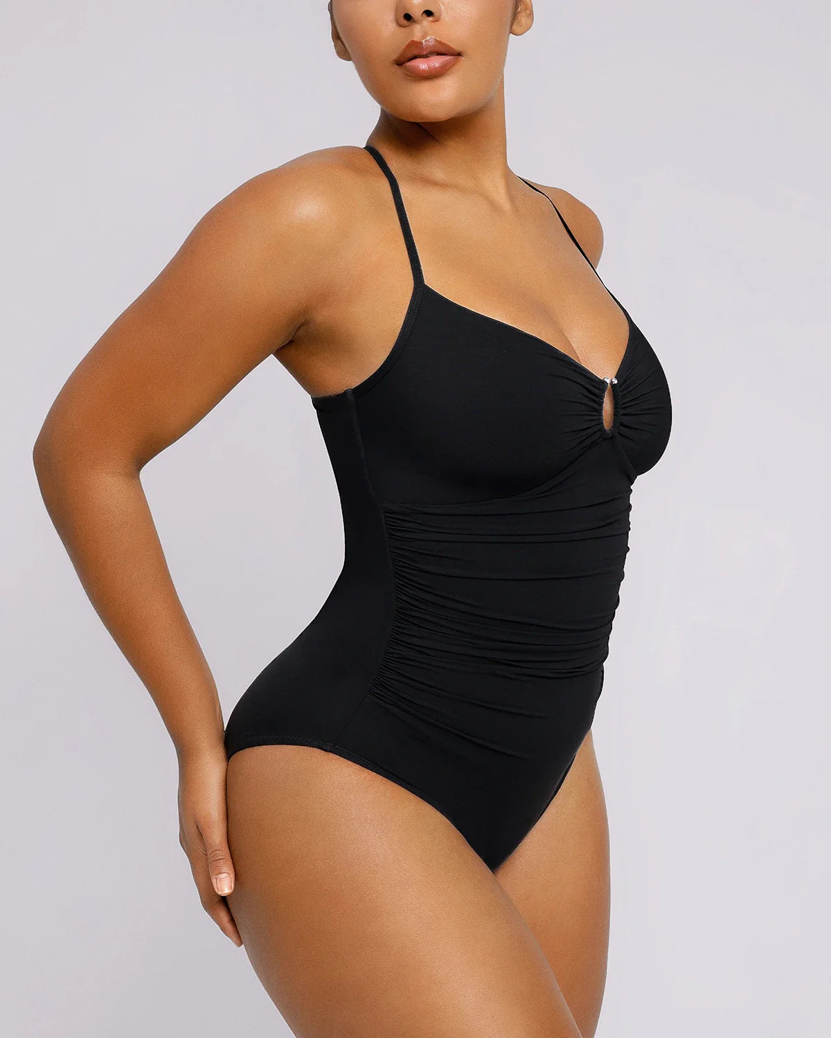 U-ring tummy control swimsuit full-length on model