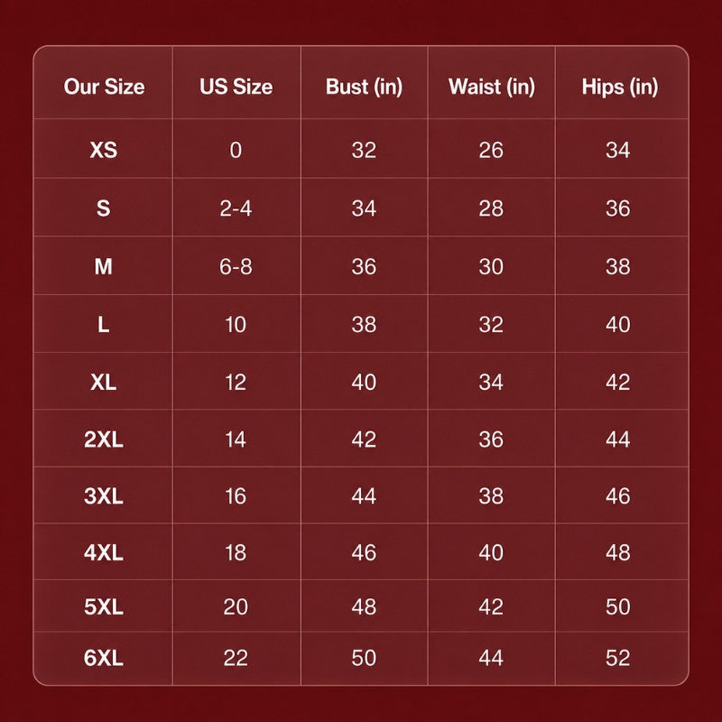 Size guide chart for the swim dress, sizes S to 3XL