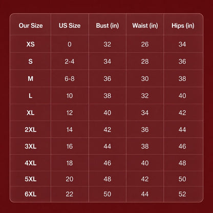 Size guide chart for the swim dress, sizes S to 3XL